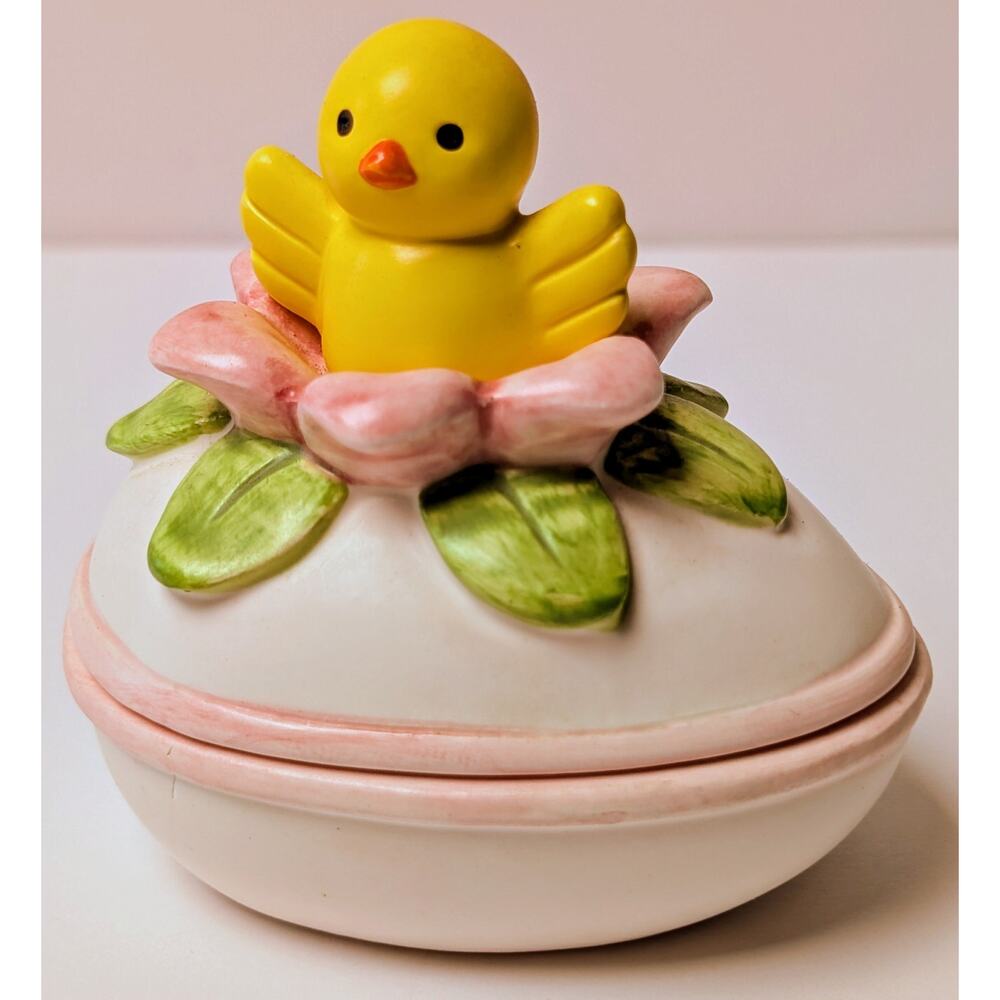 Vtg Dakin Baby Bird Trinket Box 3.5" Floral Egg Figurine 1984 Easter Ceramic 80s